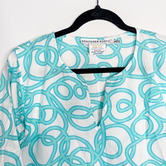 Gretchen Scott S Blue White Split V Neck Swirl Print Tunic Top Cotton Side Split - Picture 3 of 8